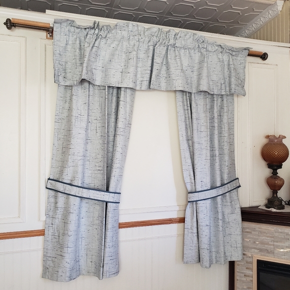 Sears Drapes 48W x 62L Tweed Print Pinch Pleat Curtains Blue VTG 50s 60s NEW - Picture 2 of 16